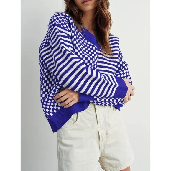 Women's Royal Blue Striped Checkered V Neck Casual Knit Trendy Pullover Sweaters - Picture 3 of 3